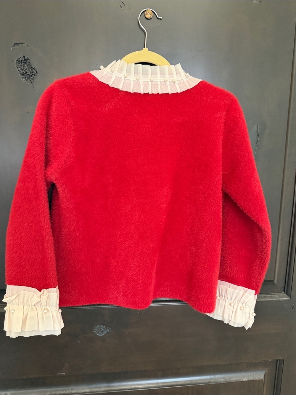 High End Red Ruffled Collar Heart-Button Sweater Size Small - Picture 4 of 5